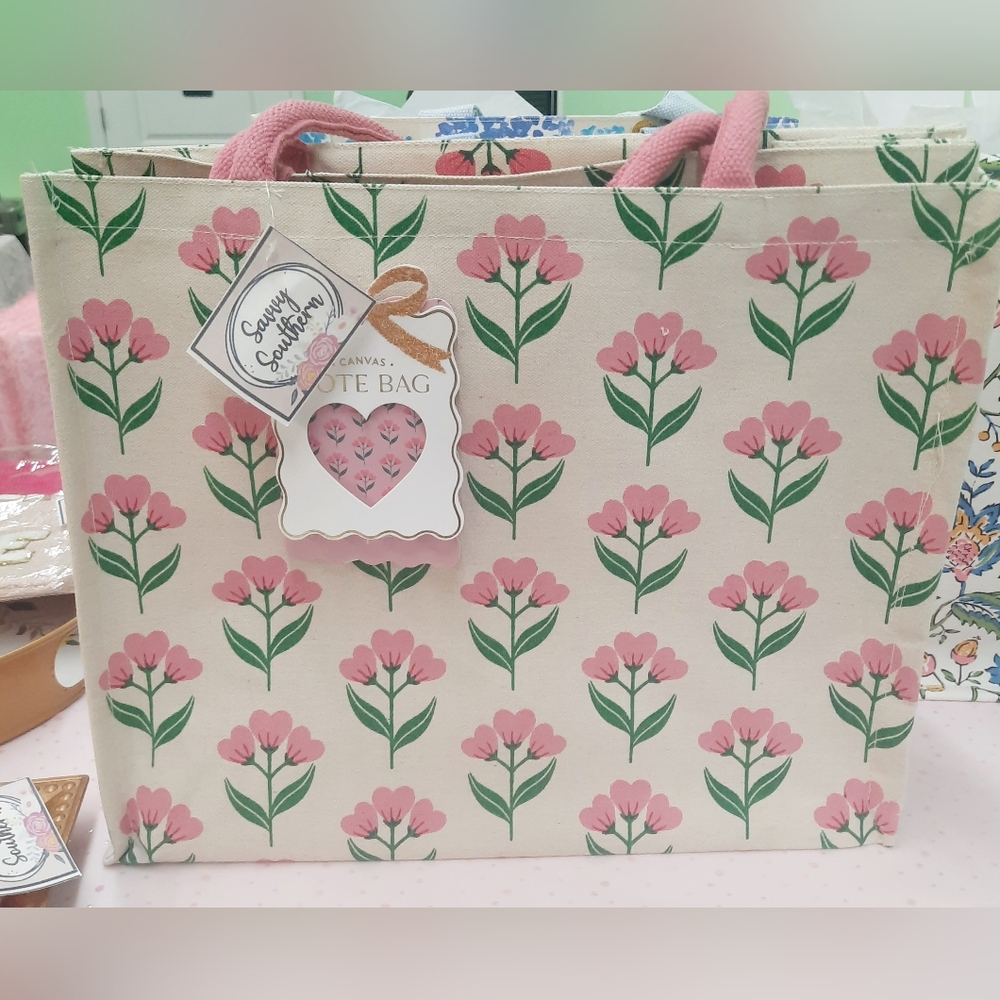New Pink, Cream & Green  Floral Canvas Tote Bag - Shopper Tote